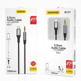 Kabel audio AUX w oplocie bawełnianym iPhone Lightning - mini jack 3.5mm 1m szary