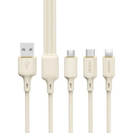 3w1 Kabel przewód wzmacniany SR USB-A - USB-C / Lightning / microUSB 66W 1.2m beżowy