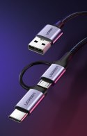 2w1 Kabel przewód w mocnym oplocie USB - microUSB + USB-C 1m 2.4A czarny