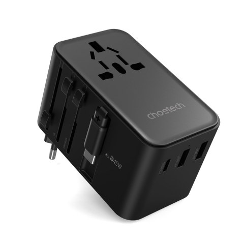 Adapter ładowarka podróżna 45W EU / US / AUS / UK z wbudowanym kablem USB-C - czarny