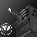 Adapter ładowarka podróżna 70W EU / US / AUS / UK z wbudowanym kablem USB-C - czarny